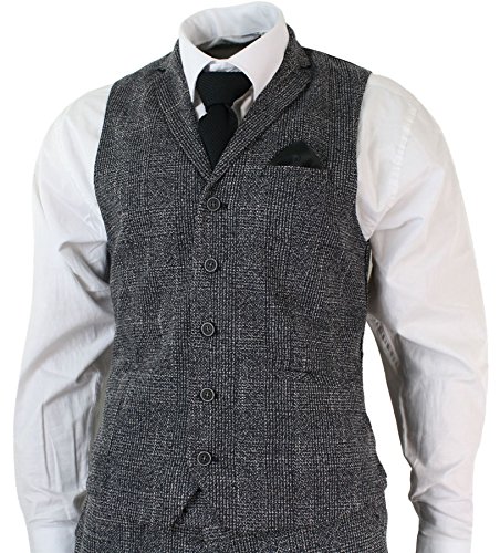 Cavani Mens Tailored Fit 3 Piece Grey Black Herringbone Tweed Vintage ...