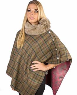 Ladies-Country-Check-Yorkshire-Tweed-100-Wool-Poncho-Cape-Wrap-Two-Tone-Satin-Lined-Country-Wrap-with-Faux-Fur-Collar-0