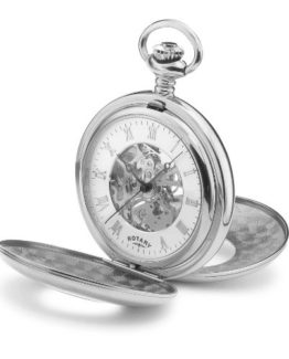 Mechanical-Rotary-Pocket-Watch-with-White-Dial-Analogue-Display-Skeleton-Movement-Stainless-Steel-Case-Chain-Ref-MP0071201-0