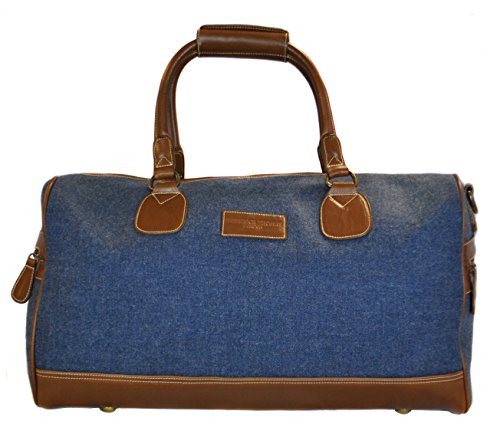 Petrol Blue tweed weekend holdall overnight bag with genuine leather ...