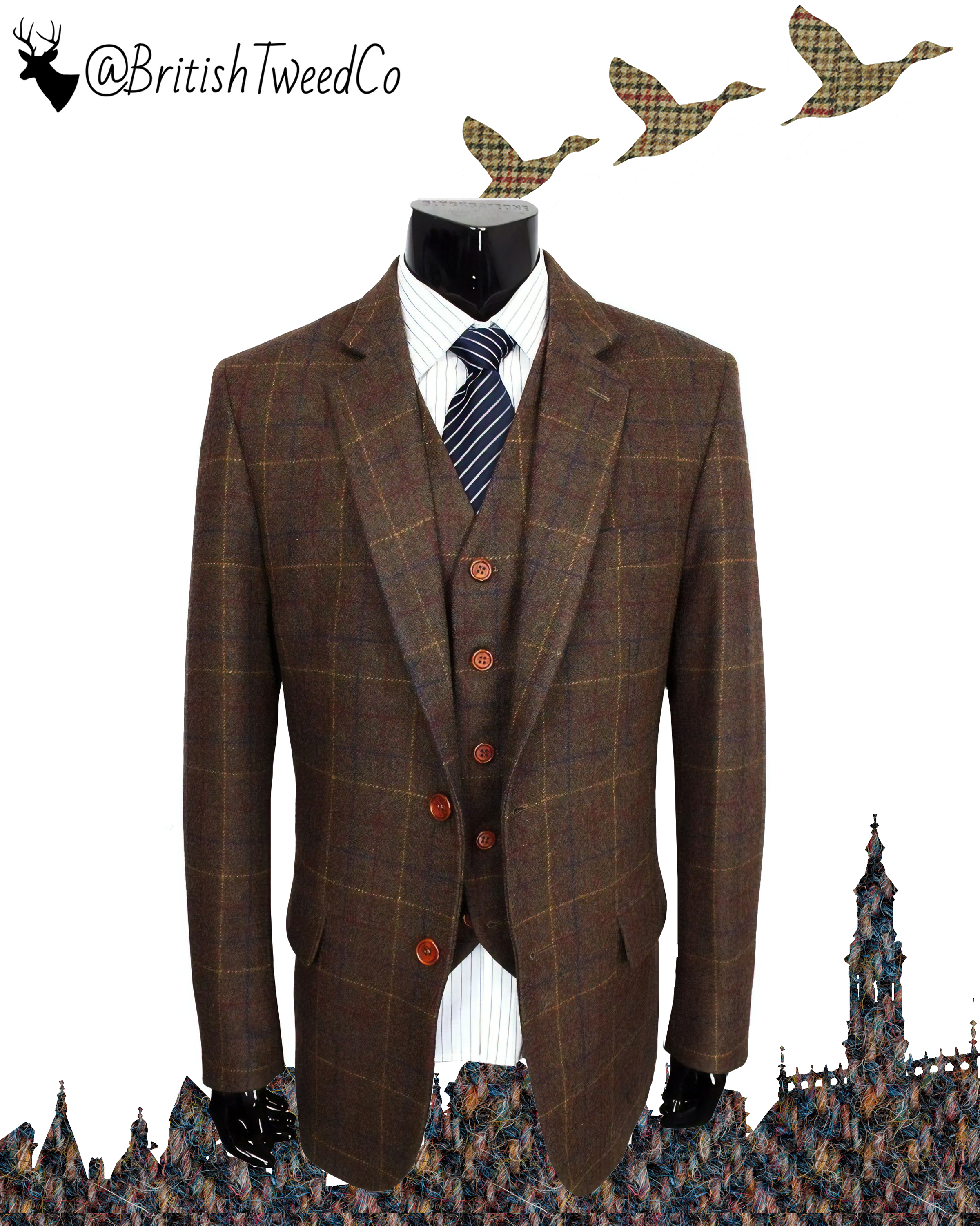 Made to Order Tan Check Tweed Three Piece Suit