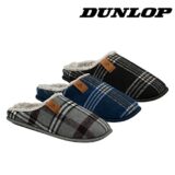 DUNLOP Mens Slippers Slip On Check Mules Faux Fur Lined Memory