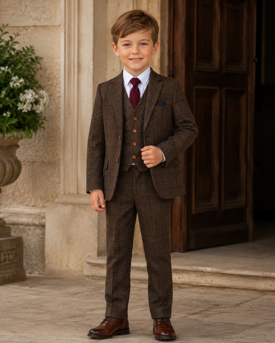 Boy wearing a brown tweed suit with a navy check