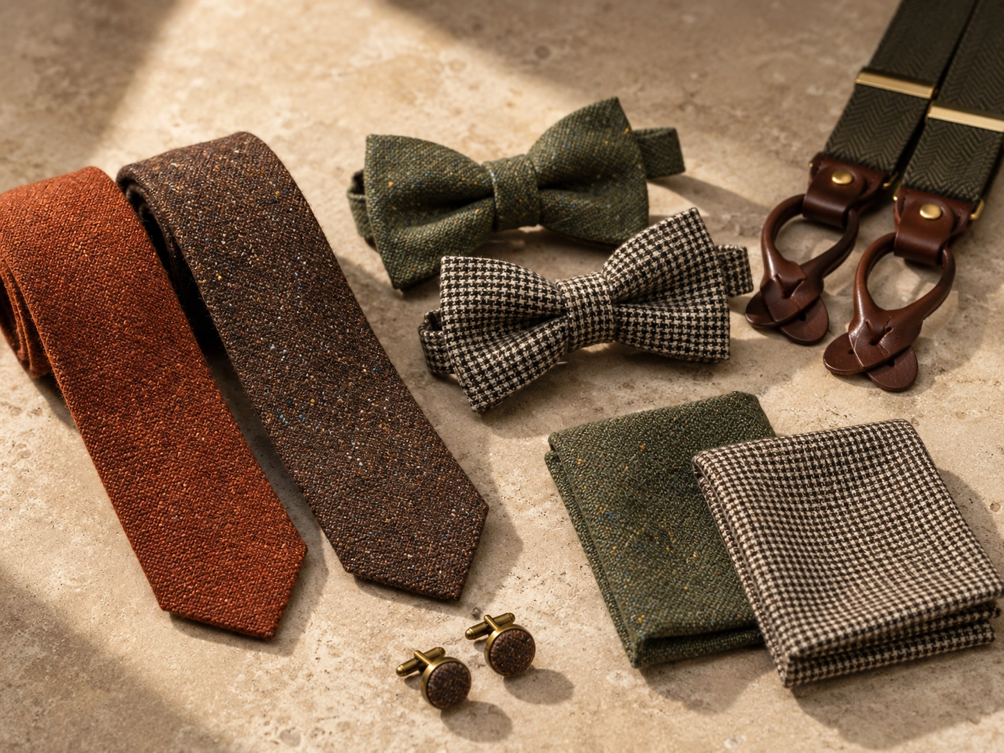 A selection of tweed ties, bow ties, pocket squares and formal accessories