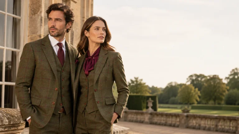 Man and woman wearing coordinated olive green and red checked tweed suits