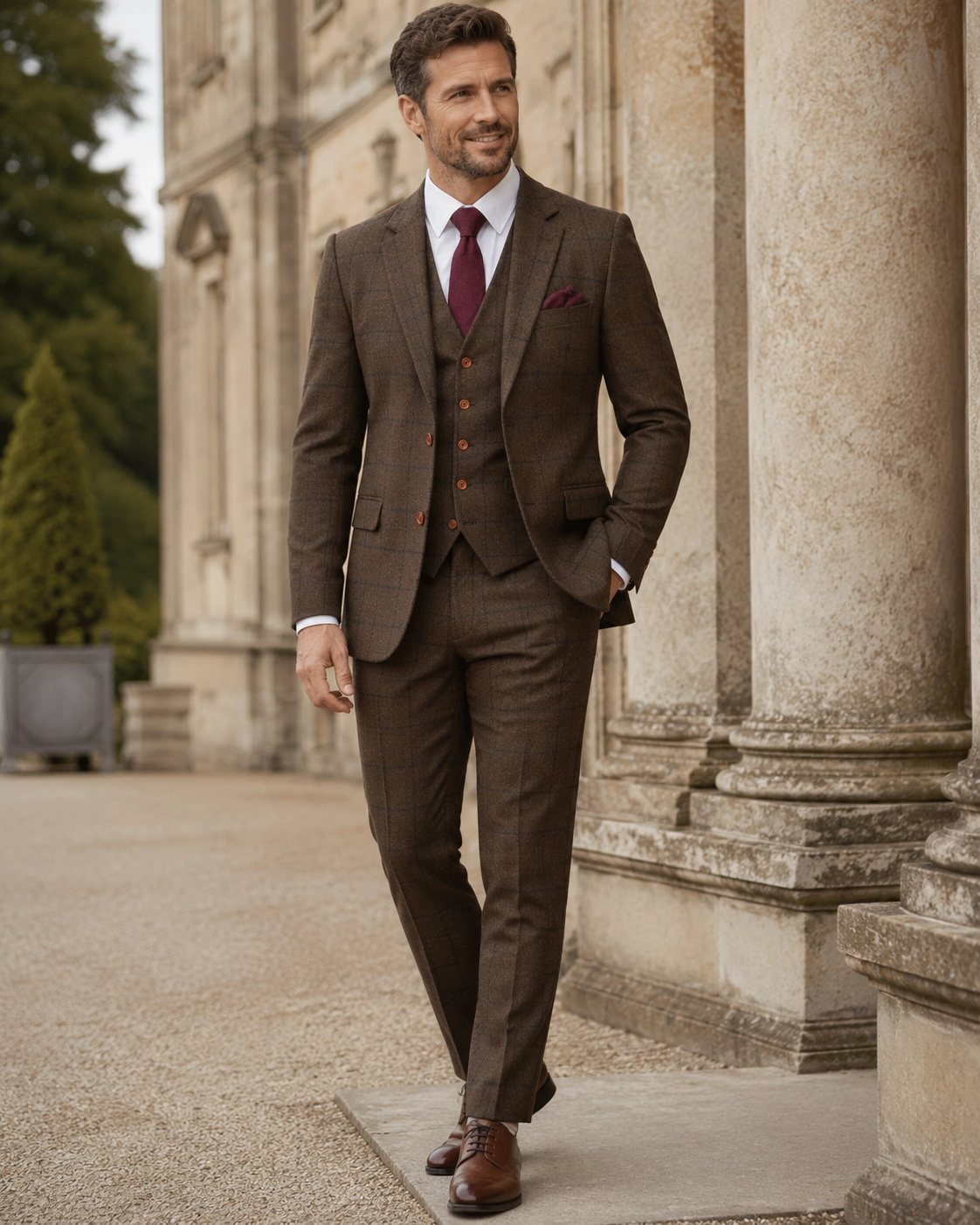 Man wearing a tailored brown and navy checked three-piece tweed suit