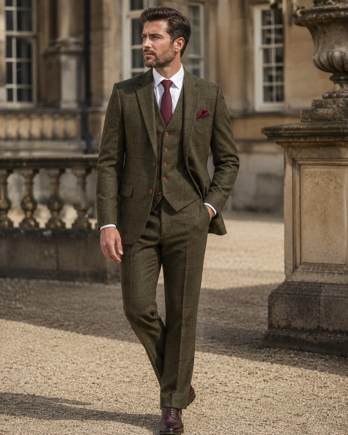 Man wearing an olive green three-piece tweed suit with a red check