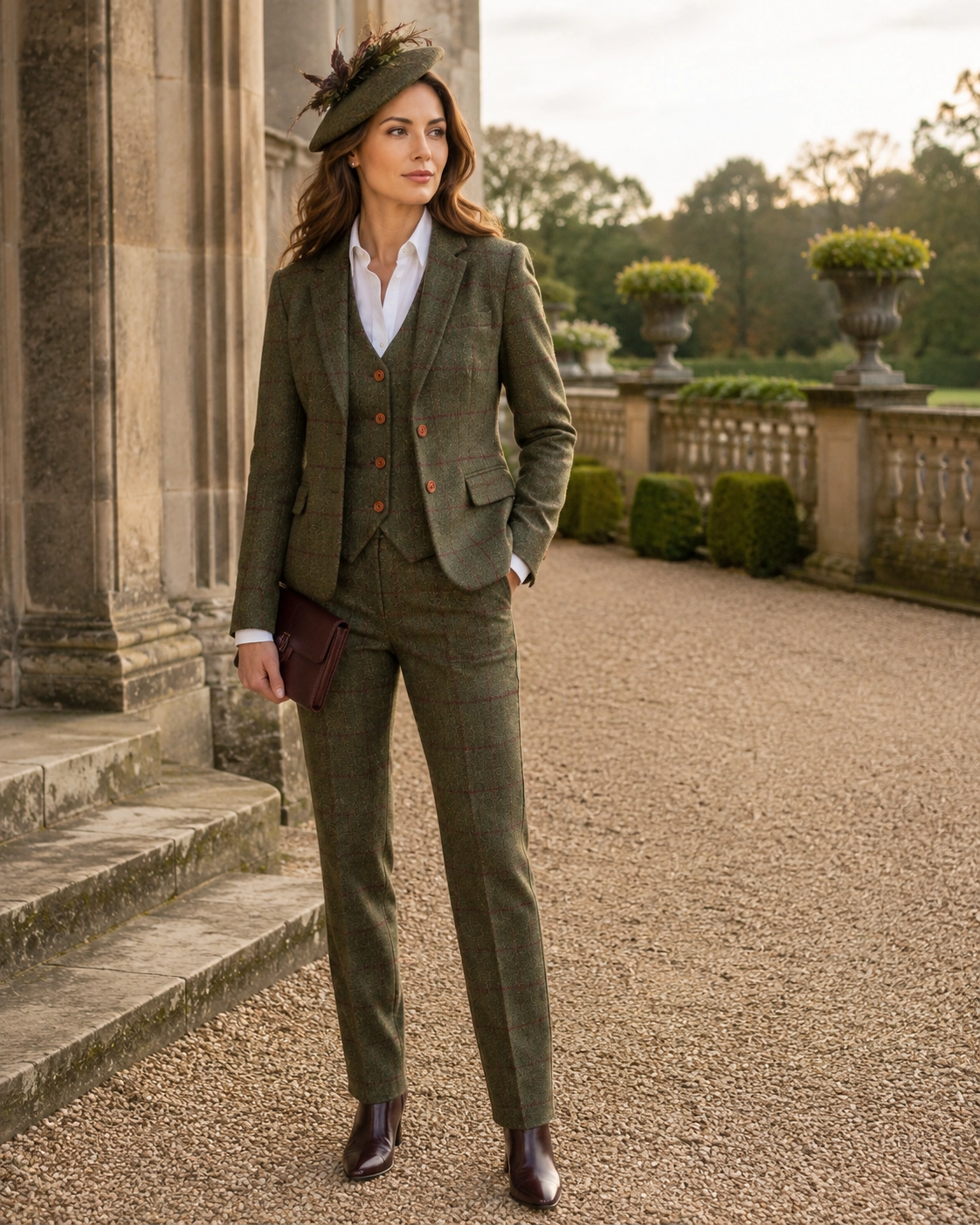 Woman wearing an olive green checked three-piece tweed suit