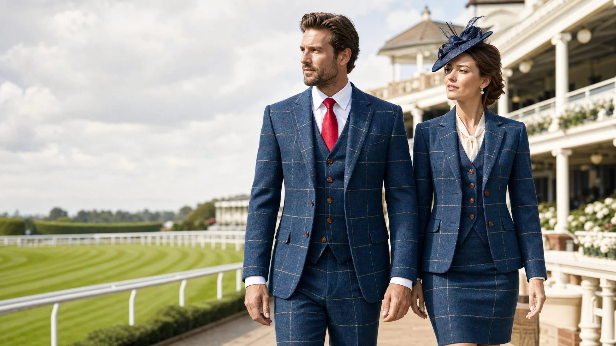 Man and woman wearing coordinated bold blue check tweed suits at a British racecourse