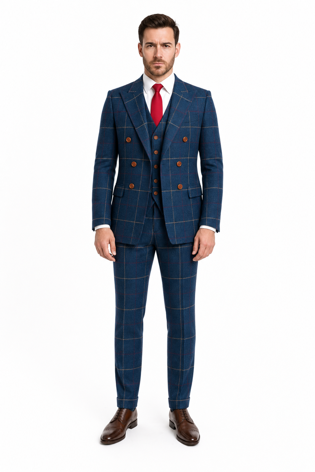 Men’s Made-to-Measure Navy Blue Bold Check Tweed Three-Piece Suit - Image 8