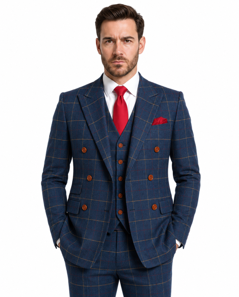 Men’s Navy Blue Bold Check Tweed Double-Breasted Three-Piece Suit