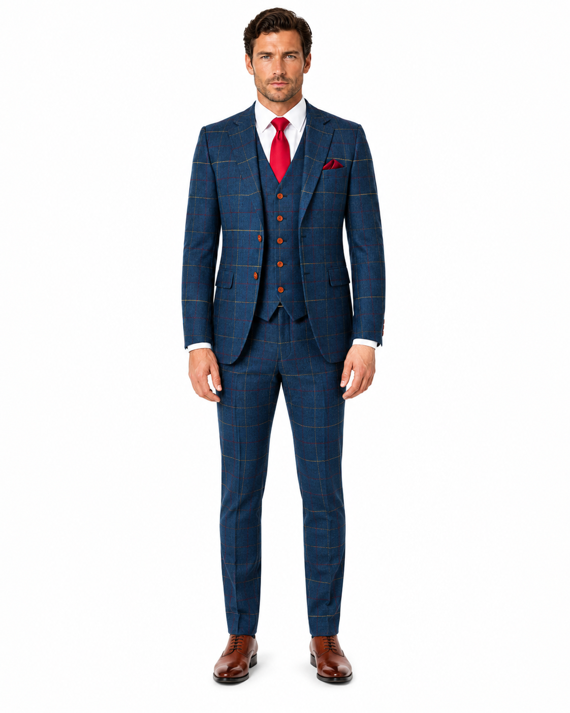 Men’s Made-to-Measure Navy Blue Bold Check Tweed Three-Piece Suit - Image 2