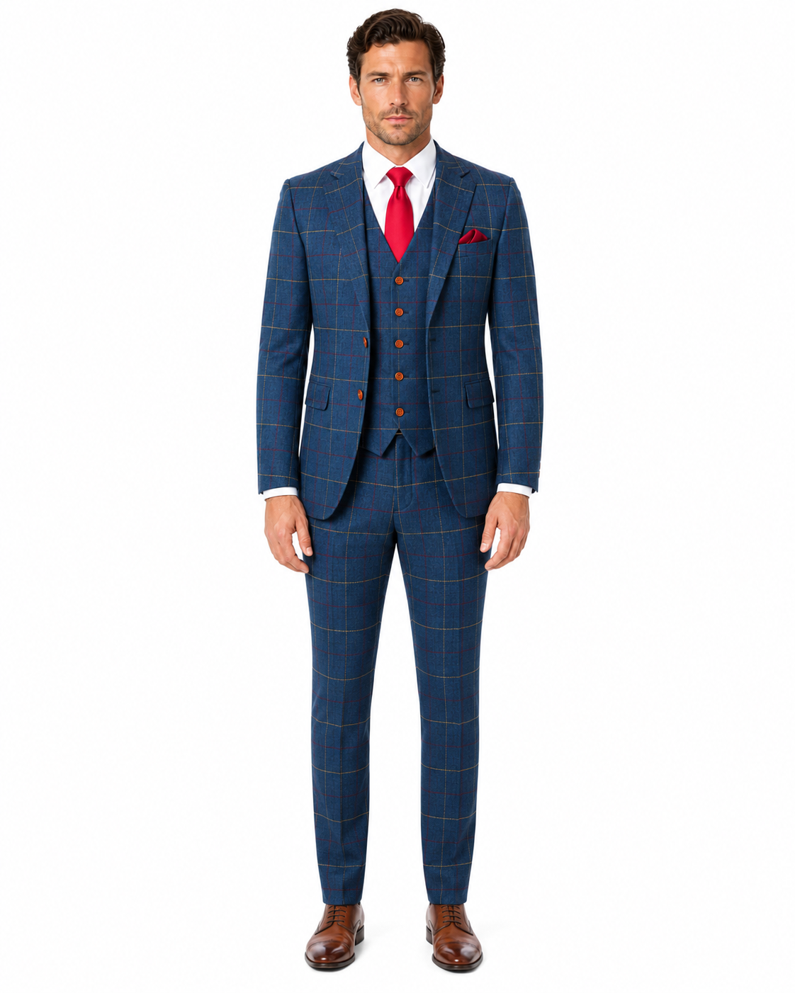 Men’s Made-to-Measure Navy Blue Bold Check Tweed Three-Piece Suit - Image 3
