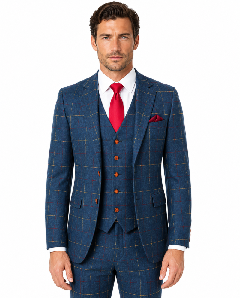 Men’s Navy Blue Bold Check Tweed Single-Breasted Three-Piece Suit