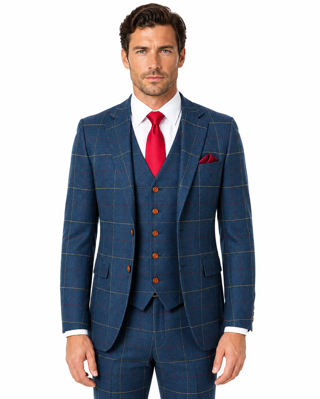 Men’s Made-to-Measure Navy Blue Bold Check Tweed Three-Piece Suit