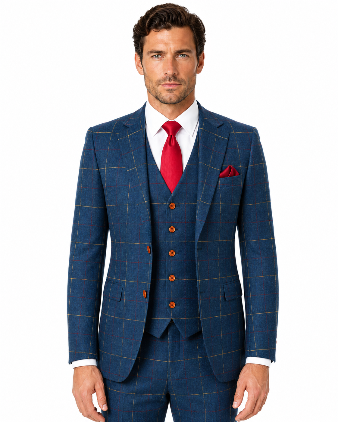 Men’s Made-to-Measure Navy Blue Bold Check Tweed Three-Piece Suit - Image 4