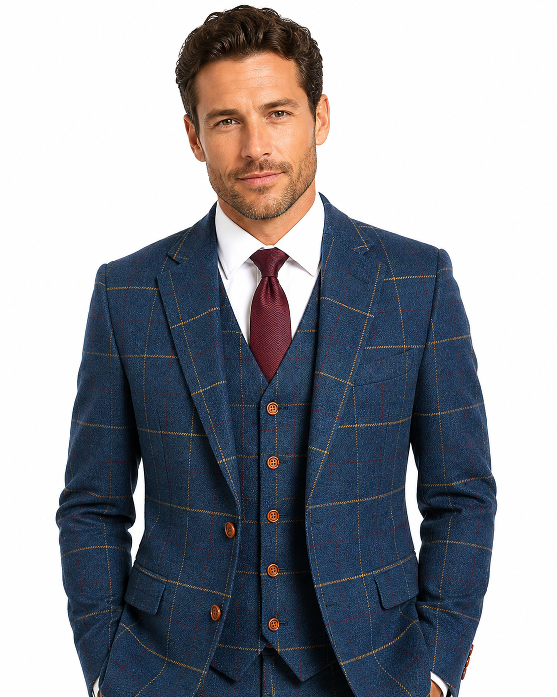 Men’s Made-to-Measure Navy Blue Bold Check Tweed Three-Piece Suit - Image 5