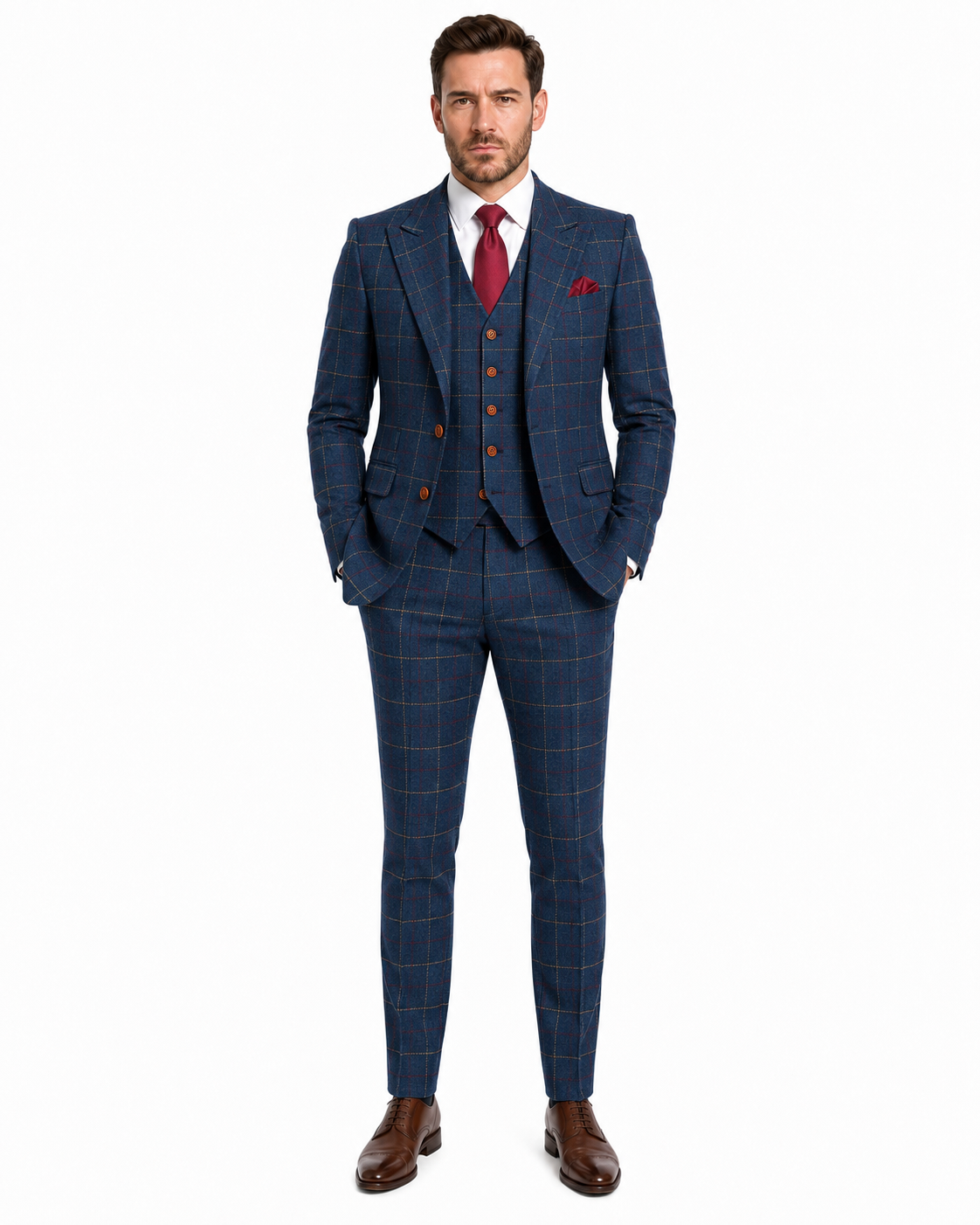 Men’s Made-to-Measure Navy Blue Bold Check Tweed Three-Piece Suit - Image 6