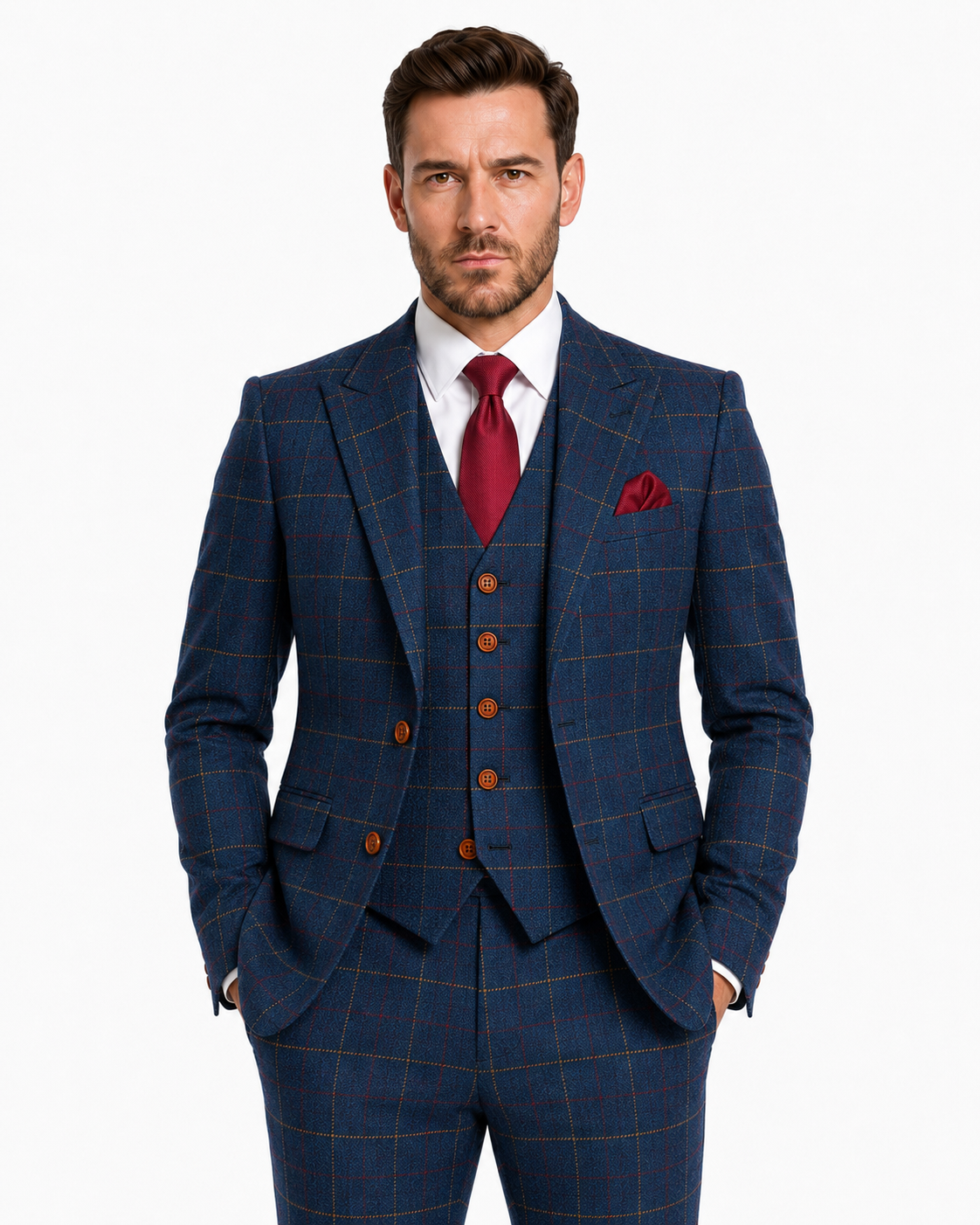Men’s Made-to-Measure Navy Blue Bold Check Tweed Three-Piece Suit - Image 7