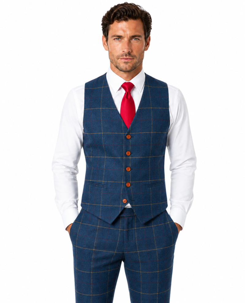 Men’s Navy Blue Bold Check Tweed Waistcoat