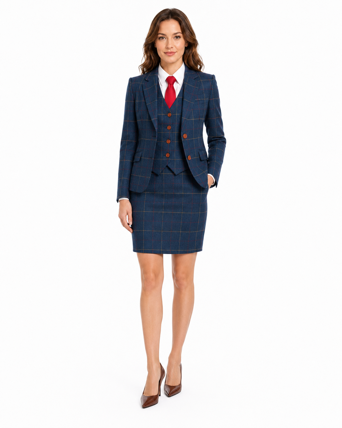 Women’s Made-to-Measure Navy Blue Bold Check Tweed Three-Piece Suit - Image 10