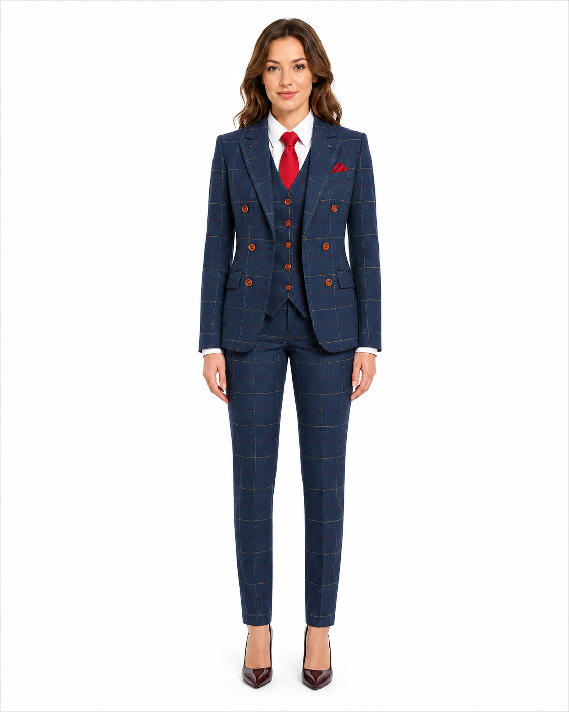Women’s Made-to-Measure Navy Blue Bold Check Tweed Three-Piece Suit - Image 7