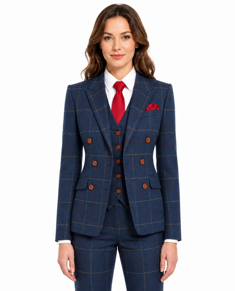 Women’s Navy Blue Bold Check Tweed Double-Breasted Jacket