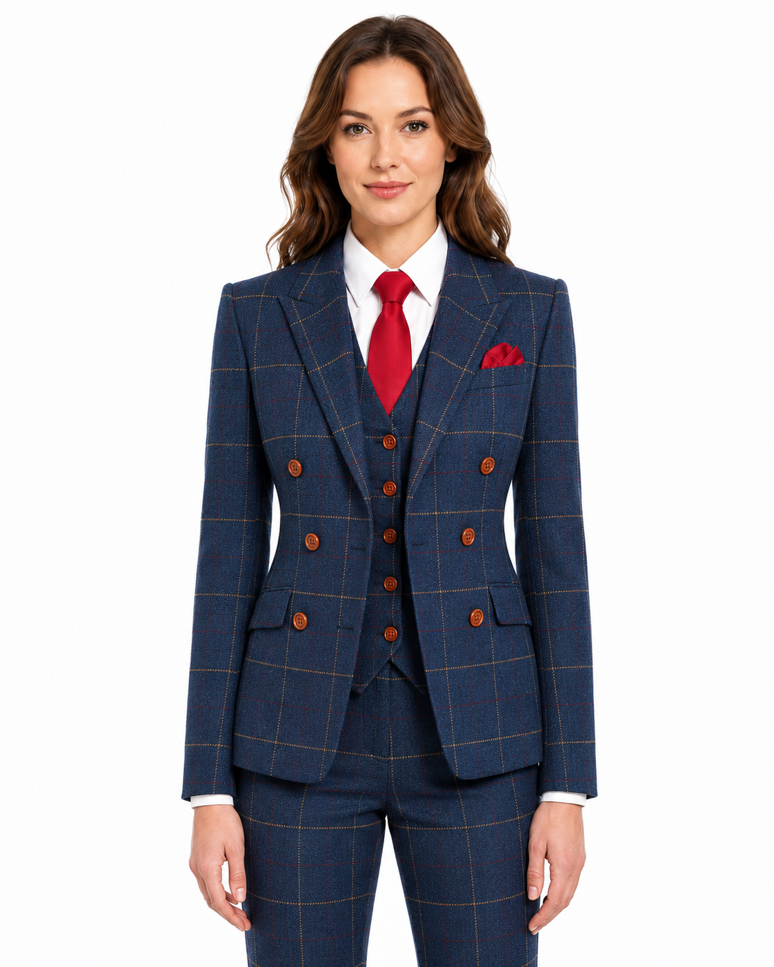 Women’s Made-to-Measure Navy Blue Bold Check Tweed Three-Piece Suit - Image 8