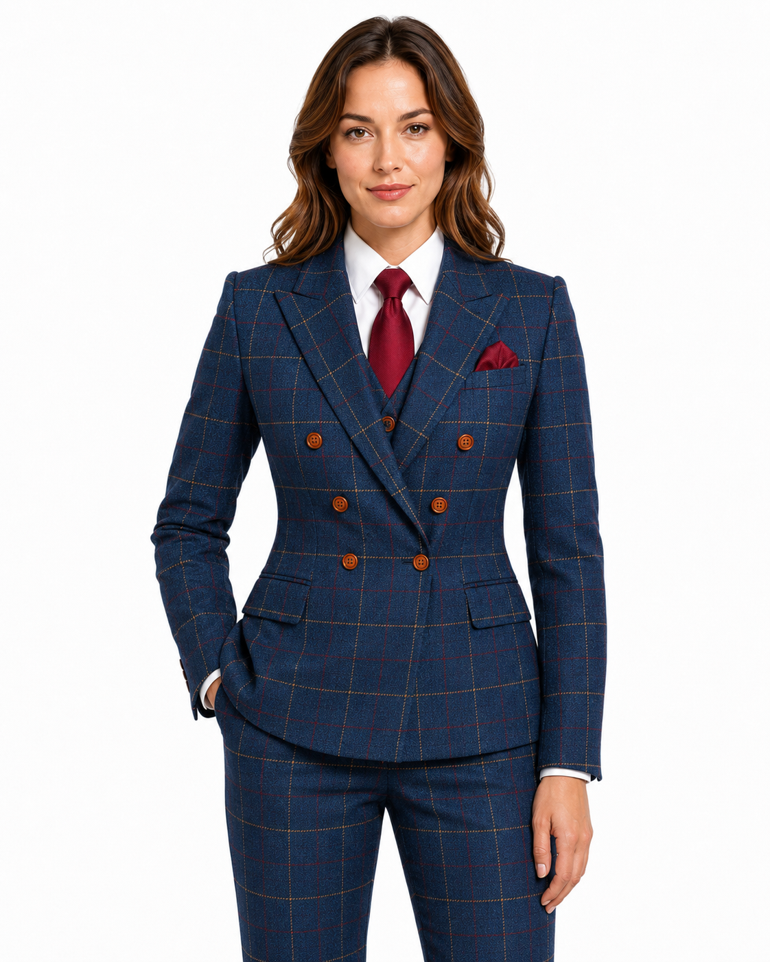 Women’s Made-to-Measure Navy Blue Bold Check Tweed Three-Piece Suit - Image 9
