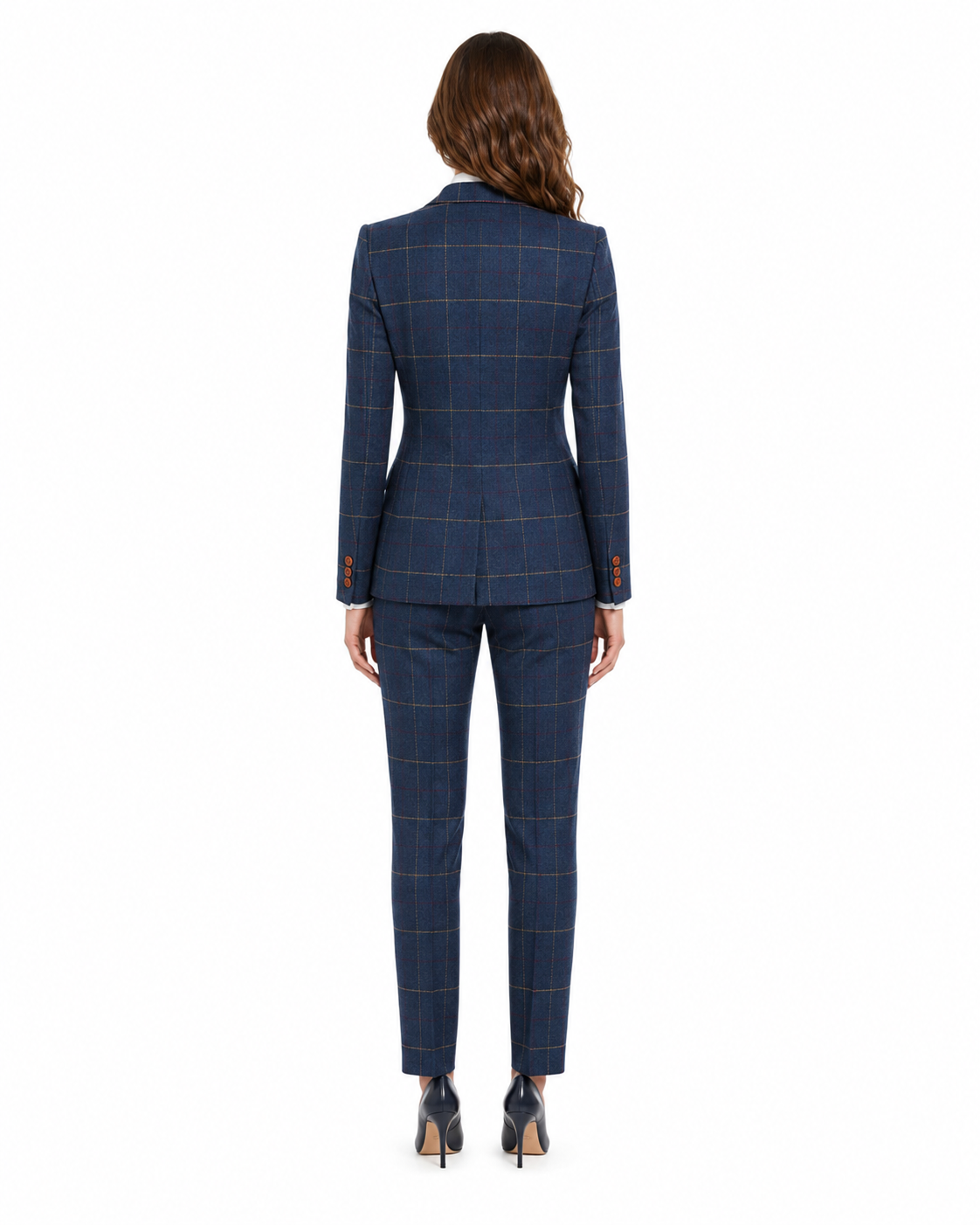Women’s Made-to-Measure Navy Blue Bold Check Tweed Three-Piece Suit - Image 11