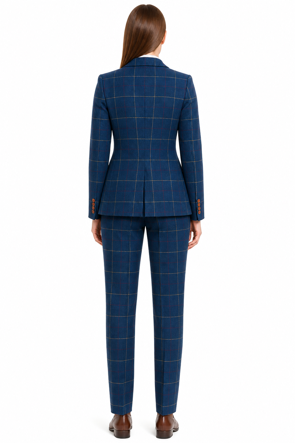 Women’s Navy Blue Bold Check Tweed Single-Breasted Trouser Suit - Image 5