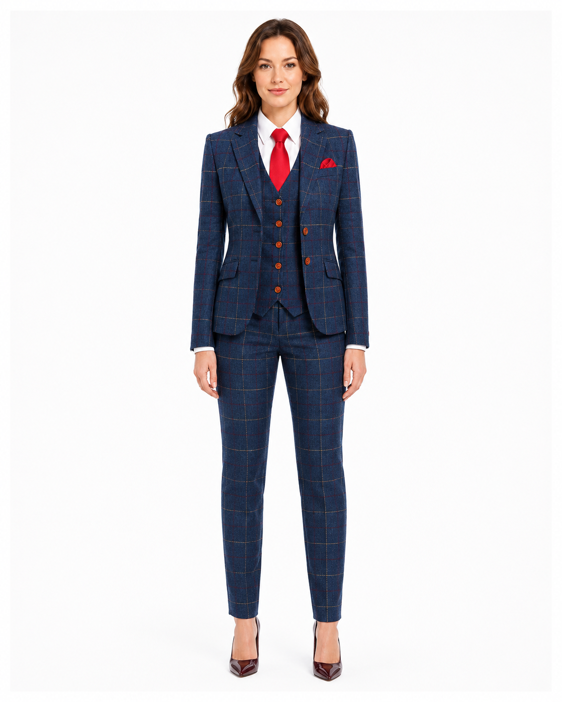 Women’s Made-to-Measure Navy Blue Bold Check Tweed Three-Piece Suit - Image 2