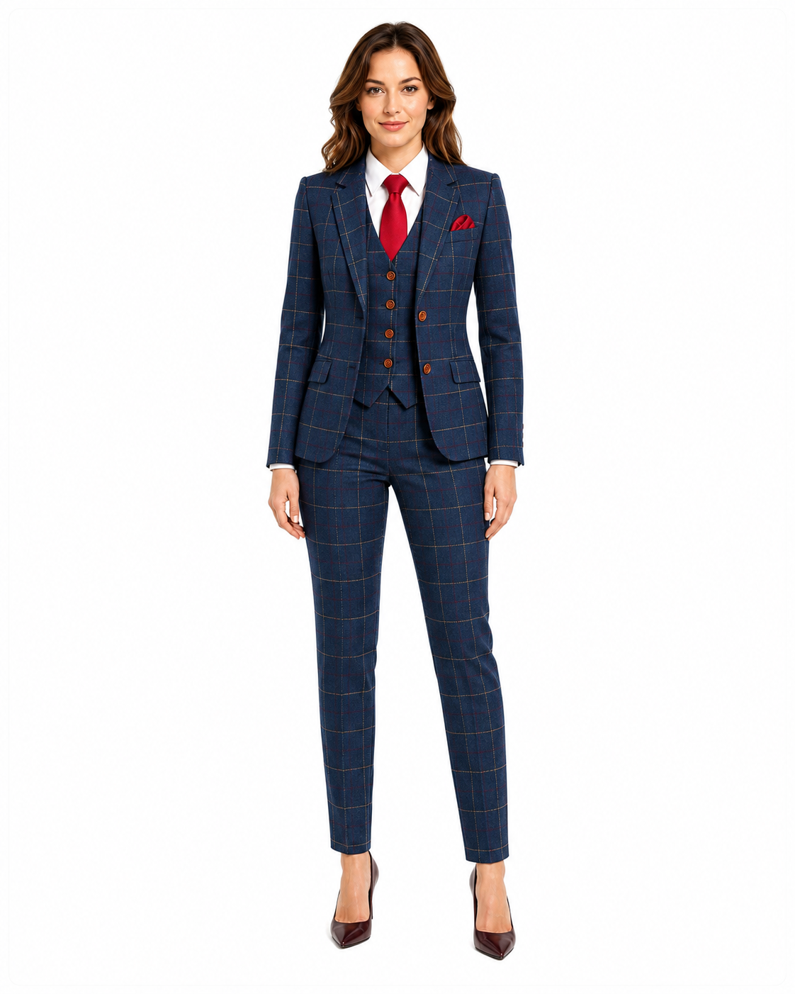 Women’s Made-to-Measure Navy Blue Bold Check Tweed Three-Piece Suit - Image 3