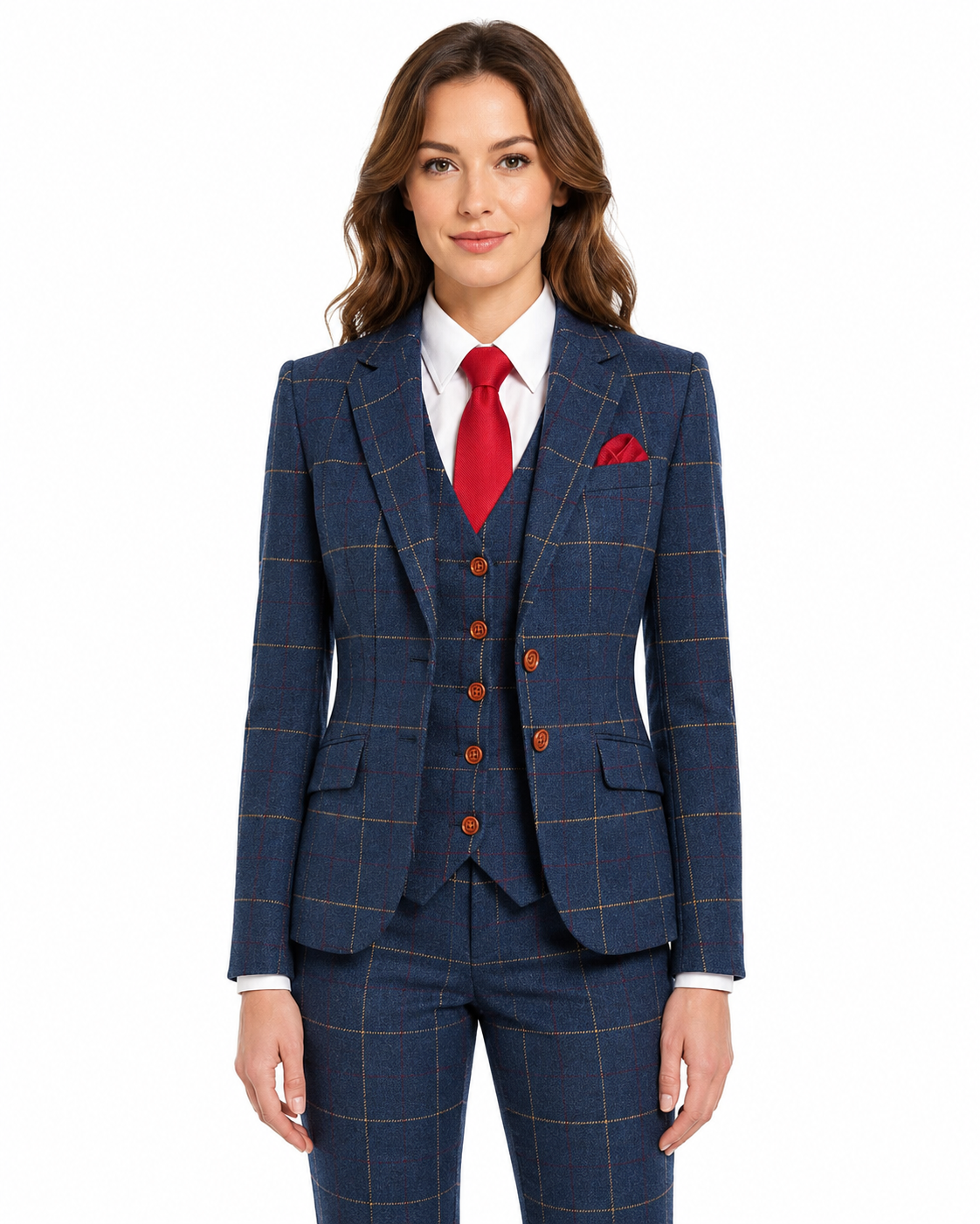 Women’s Made-to-Measure Navy Blue Bold Check Tweed Three-Piece Suit