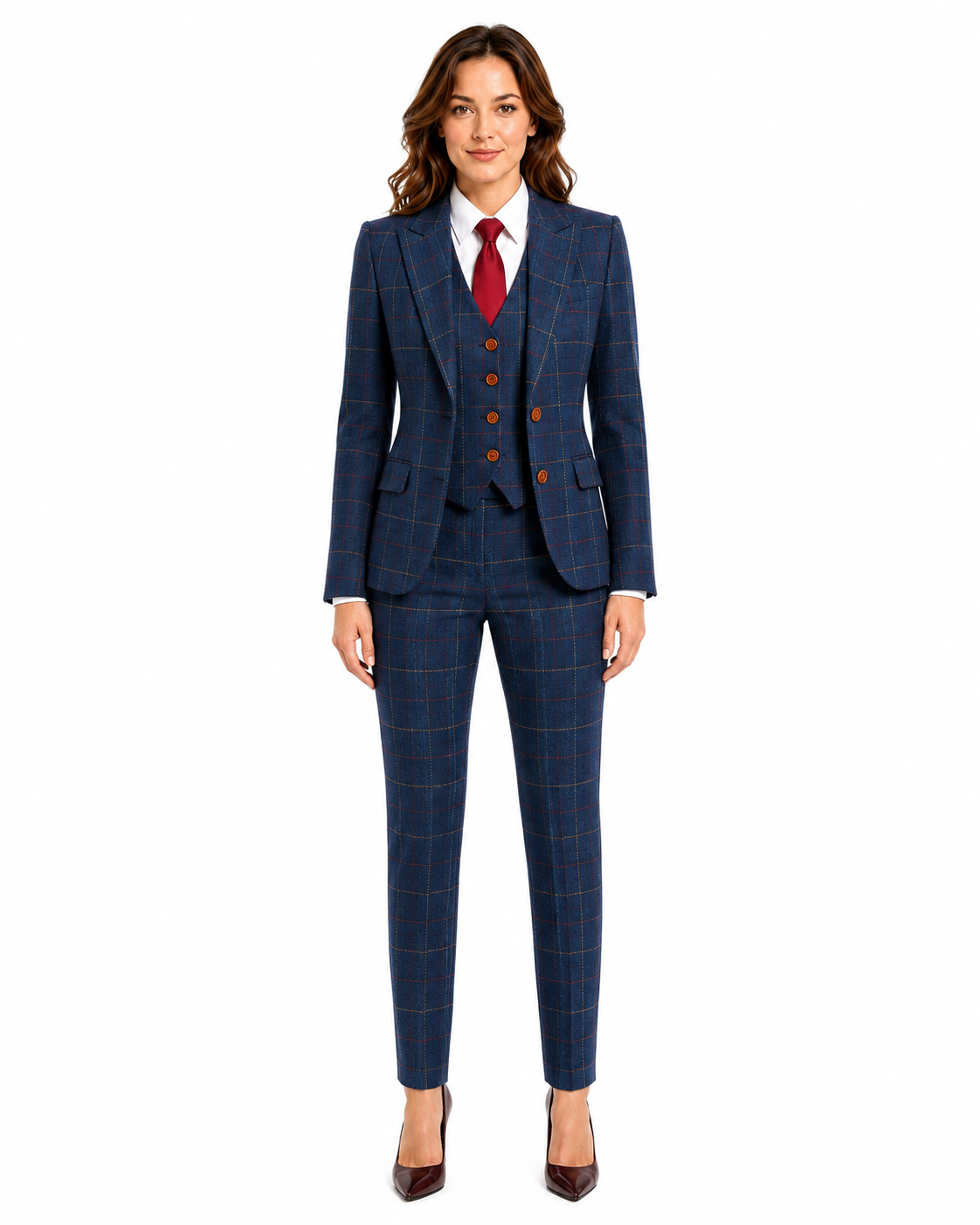Women’s Made-to-Measure Navy Blue Bold Check Tweed Three-Piece Suit - Image 4