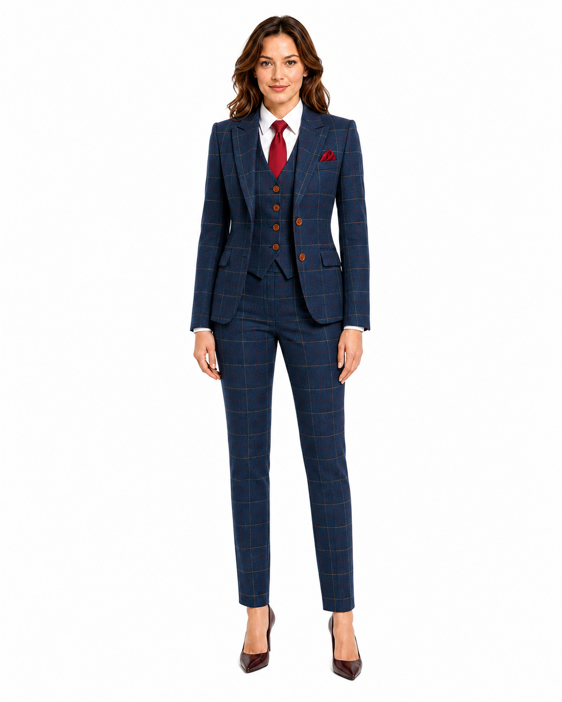 Women’s Made-to-Measure Navy Blue Bold Check Tweed Three-Piece Suit - Image 5