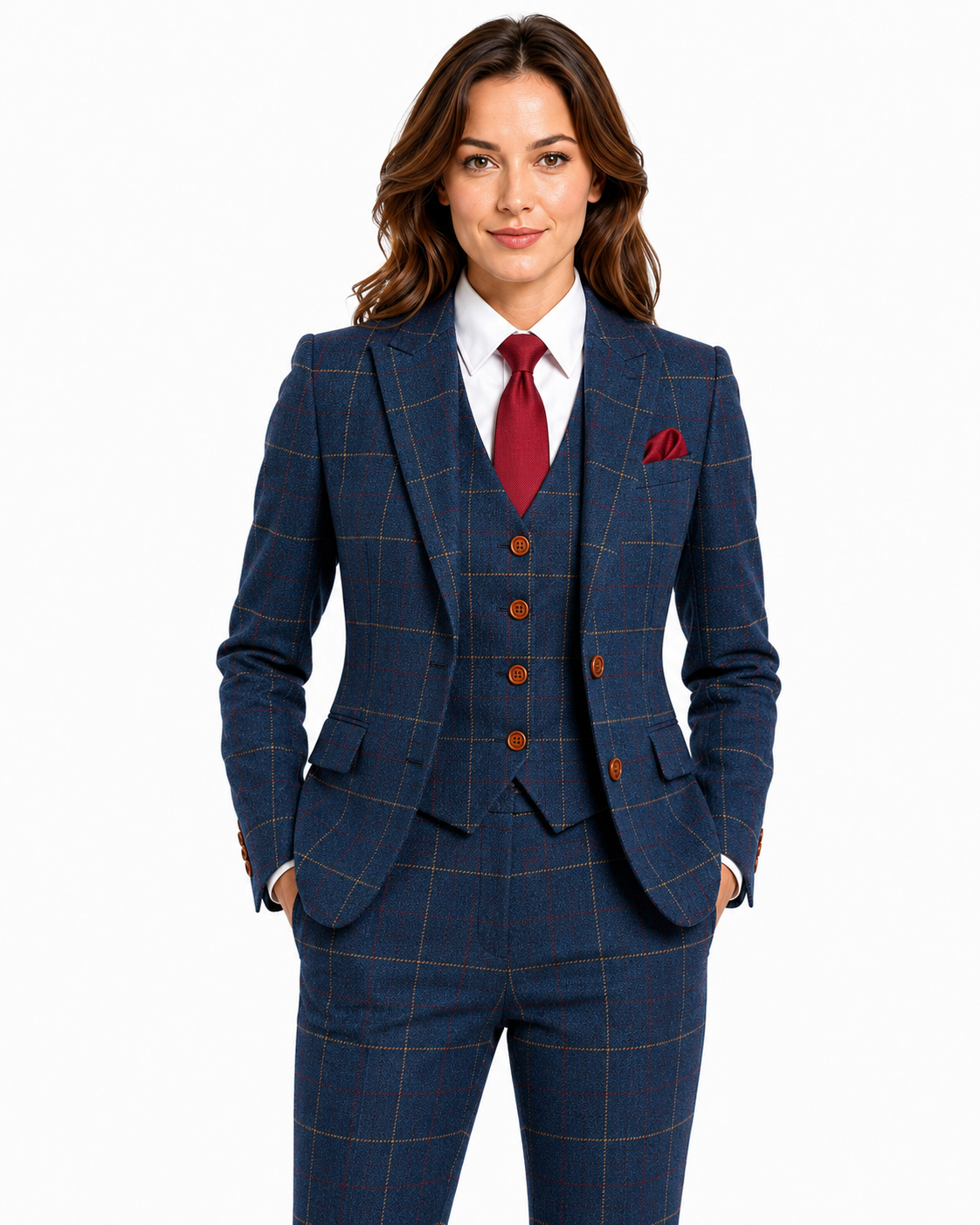Women’s Made-to-Measure Navy Blue Bold Check Tweed Three-Piece Suit - Image 6