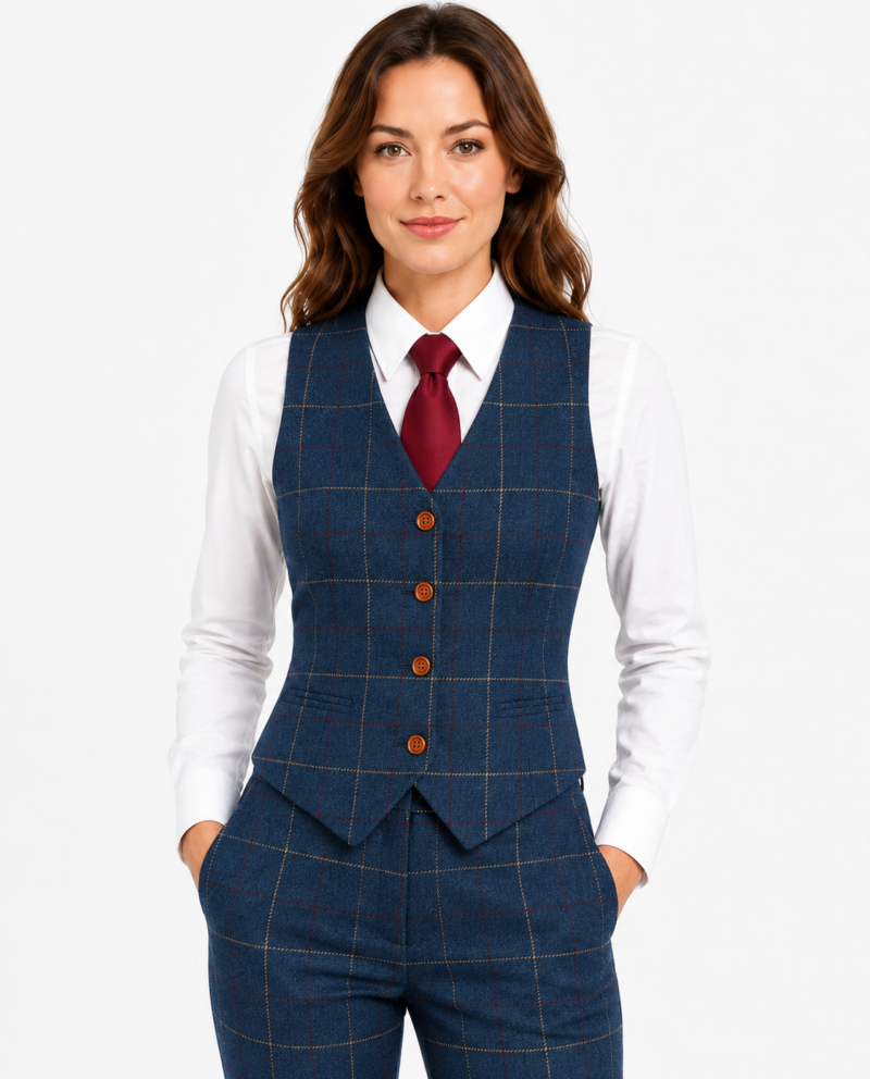 Women’s Navy Blue Bold Check Tweed Waistcoat