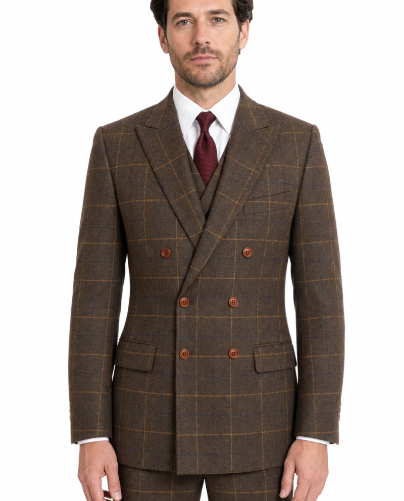 Men’s Brown Bold Check Tweed Double-Breasted Jacket