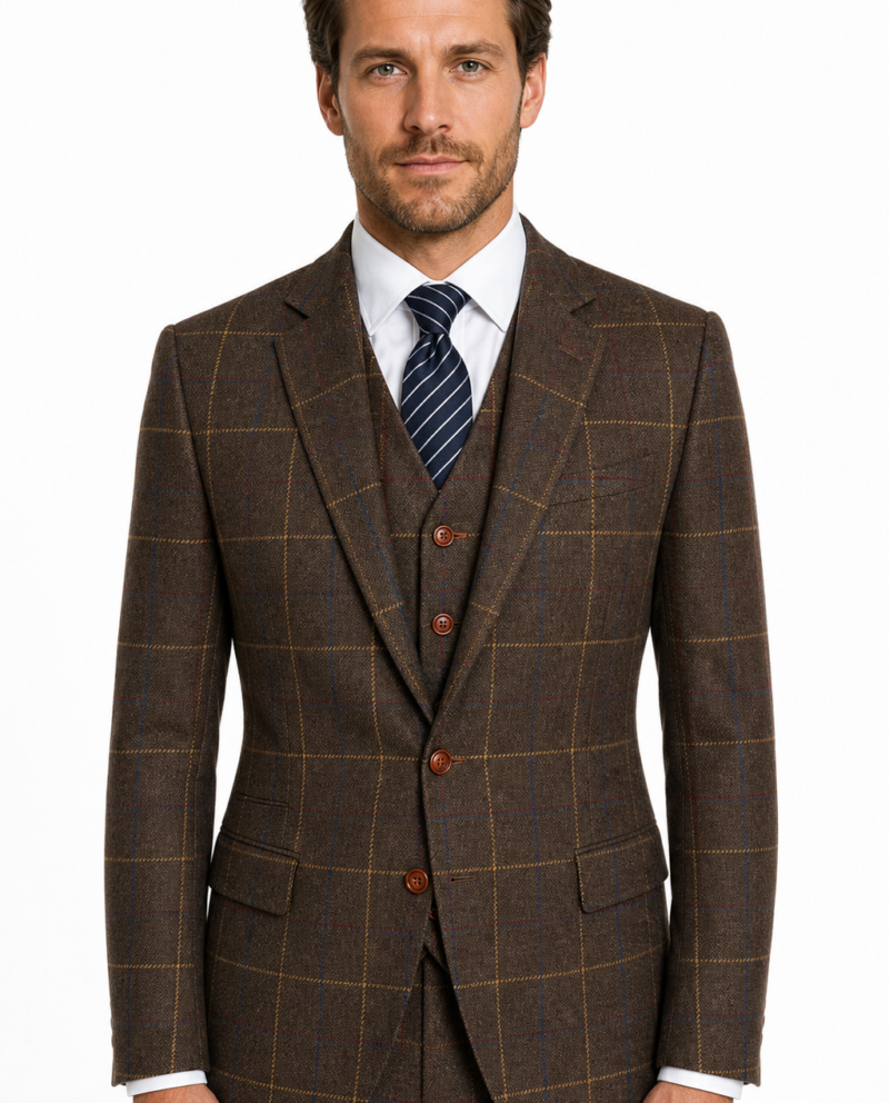 Men’s Brown Bold Check Tweed Single-Breasted Three-Piece Suit