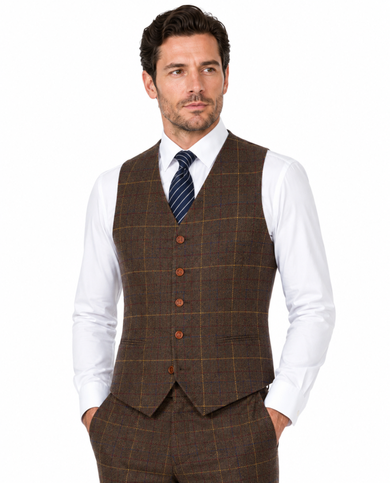 Men’s Brown Bold Check Tweed Waistcoat