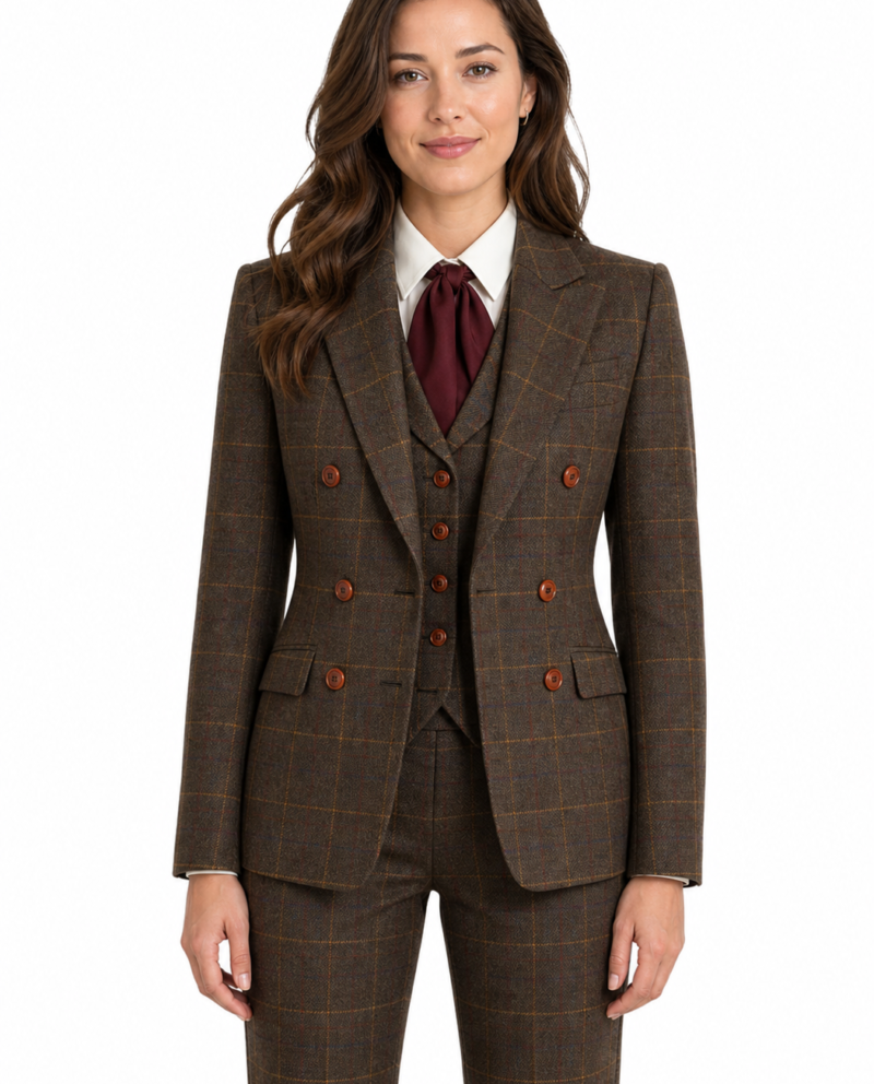 Women’s Brown Bold Check Tweed Double-Breasted Jacket