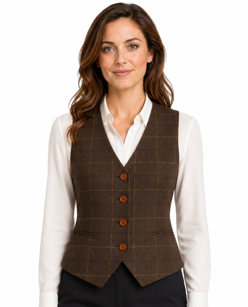 Women’s Brown Bold Check Tweed Waistcoat