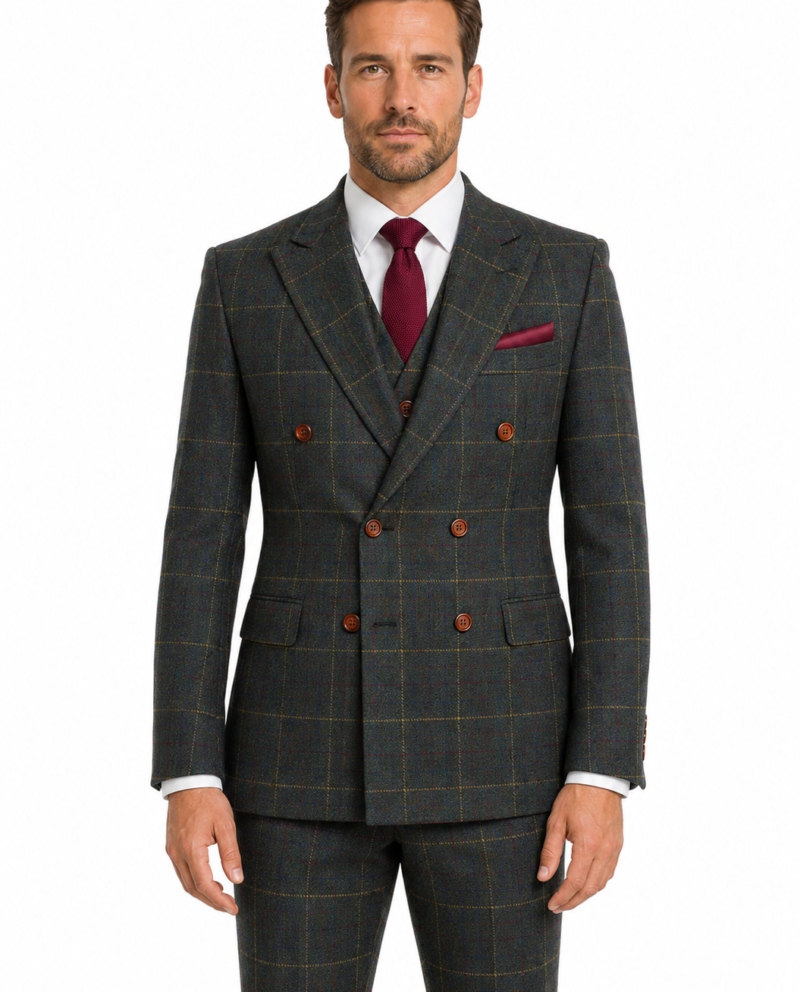 Men’s Dark Green Bold Check Tweed Double-Breasted Jacket