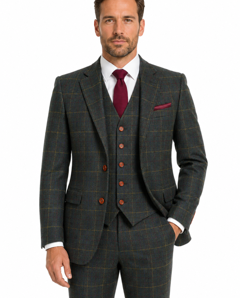 Men’s Dark Green Bold Check Tweed Single-Breasted Three-Piece Suit
