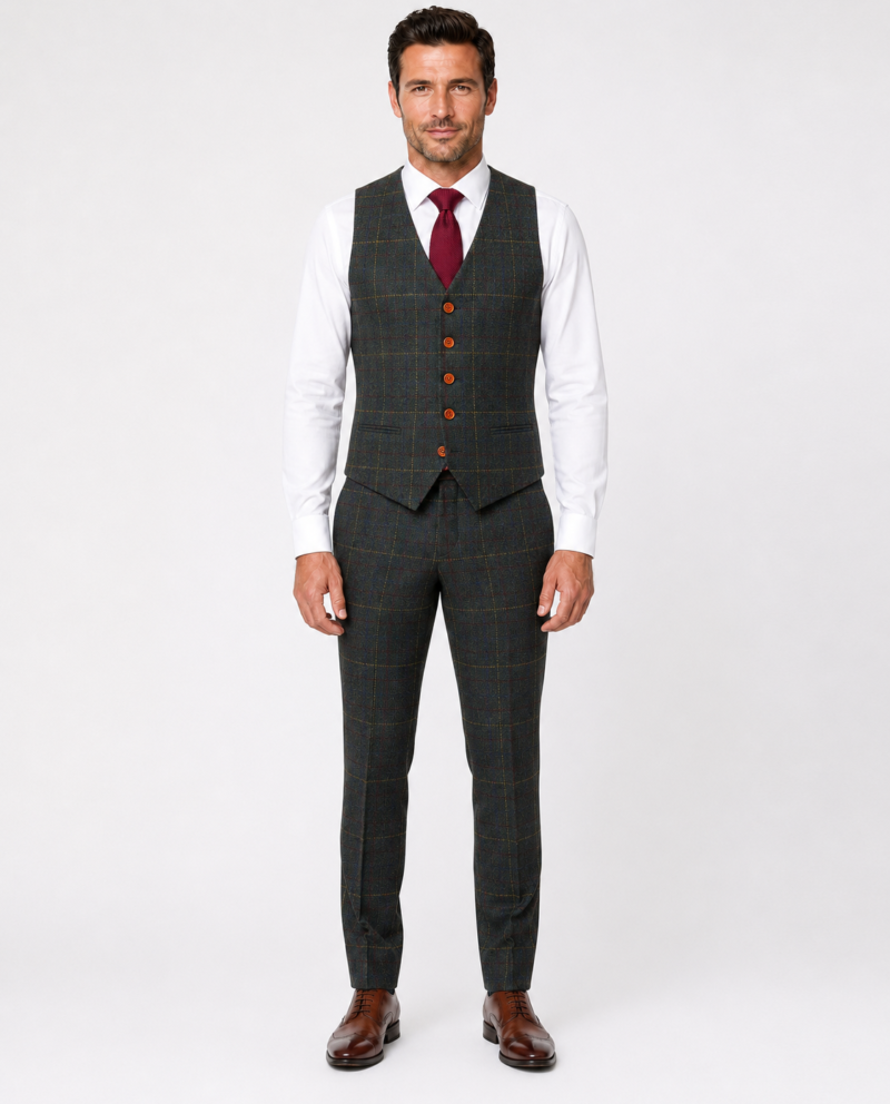 Men’s Dark Green Bold Check Tweed Waistcoat