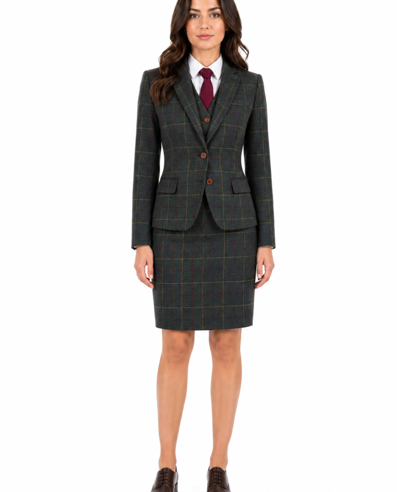 Women’s Dark Green Bold Check Tweed Single-Breasted Skirt Suit