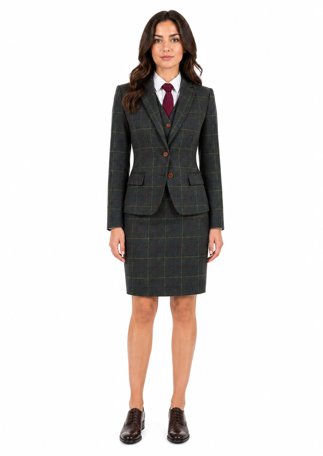 Women’s Dark Green Bold Check Tweed Single-Breasted Skirt Suit
