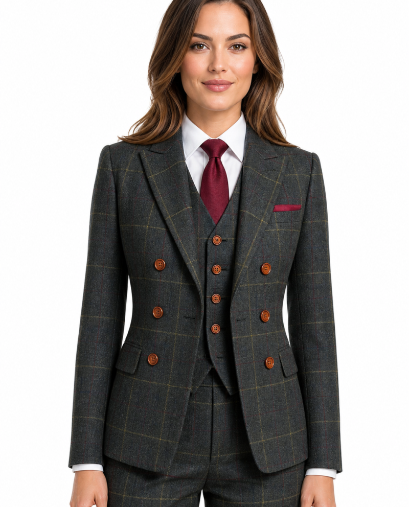 Women’s Dark Green Bold Check Tweed Double-Breasted Jacket