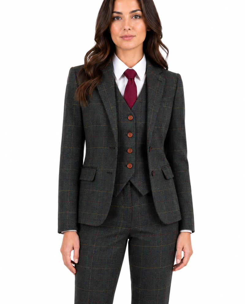 Women’s Dark Green Bold Check Tweed Single-Breasted Jacket
